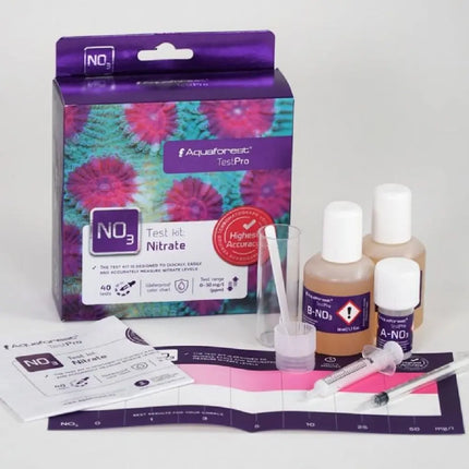 Kit Aquaforest Pro Test Nitrate para análisis de nitratos en acuarios – incluye reactivos, jeringas y escala de colores