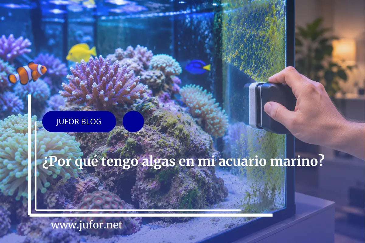 Acuario marino con algas. Una persona usa un imán limpiacristales para eliminarlas