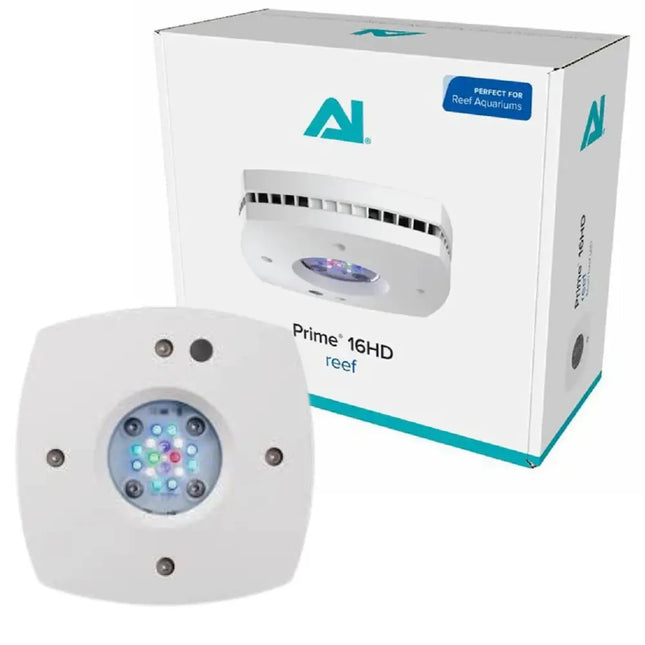 Pantalla LED AI Prime 16 HD (≈55-60 W), formato compacto 12,4 × 12,4 cm, para acuarios marinos con control inteligente y espectro completo.