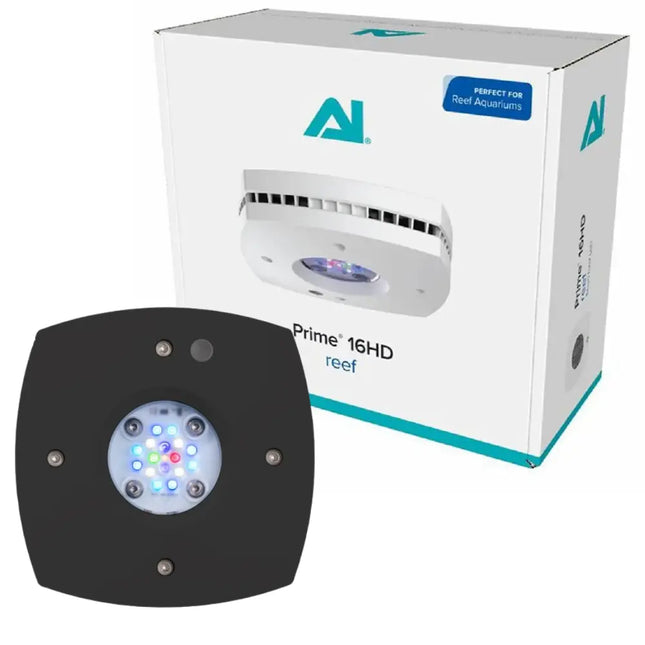 Pantalla LED AI Prime 16 HD (≈55-60 W), formato compacto 12,4 × 12,4 cm, para acuarios marinos con control inteligente y espectro completo.