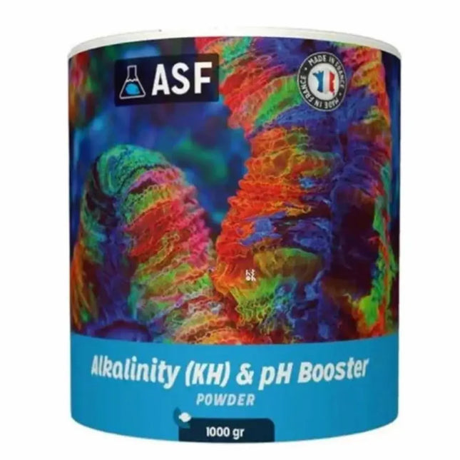 Bote de ASF Alkalinity & pH Booster – suplemento para ajustar alcalinidad y pH en acuarios marinos con dosificación precisa.
