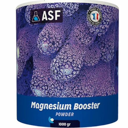 Envase de ASF Magnesium Booster en polvo para acuarios marinos, proporcionando magnesio esencial para corales e invertebrados.