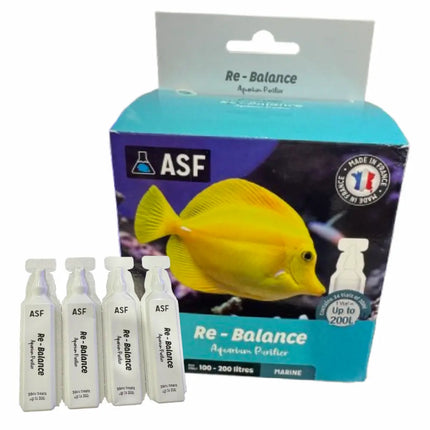 ASF Re-Balance Marine de Aquarium Systems, tratamiento bacteriano para acuarios marinos en caja de 24 ampollas de 20 ml.