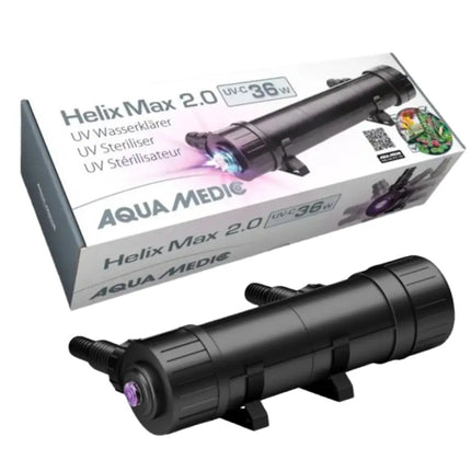 Esterilizador UV-C AquaMedic Helix Max 2.0 montado con conexiones giratorias para clarificación germicida de acuarios marinos y de agua dulce.