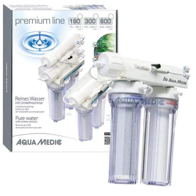 Equipo de ósmosis inversa Aqua Medic Premium Line con doble prefiltro y membrana TFC montado sobre soporte metálico listo para instalación.