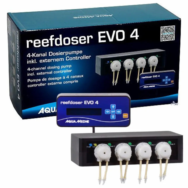 Bomba dosificadora Aqua Medic Reefdoser EVO 4 con cuatro canales independientes, controlador externo y cabezales intercambiables.