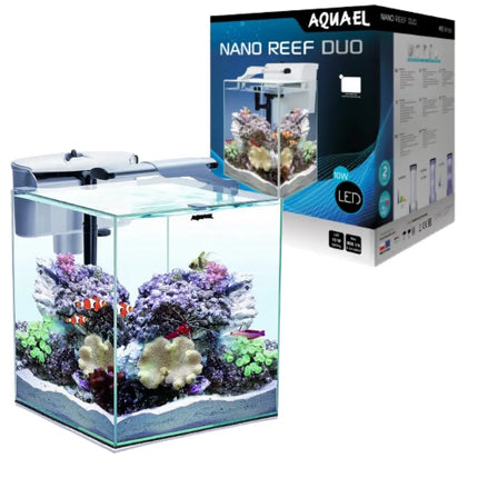 Acuario Aquael Nano Reef Duo 35 de 49 L con iluminación LED y filtro de cascada, ideal para nano reef marino.