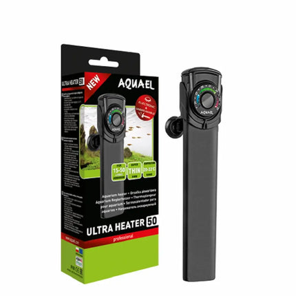 Calentador Aquael Ultra Heater con panel táctil y diseño resistente para acuarios marinos y dulceacuícolas.