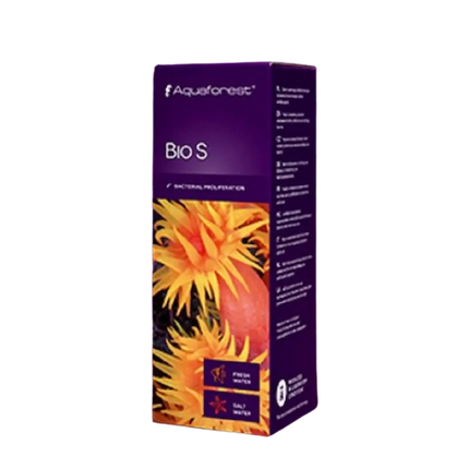 Botella de Aquaforest Bio S con bacterias nitrificantes líquidas para acuarios marinos.