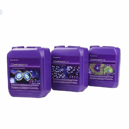 Botellas de Aquaforest Component 1, 2 y 3 suplementos líquidos de calcio, magnesio y alcalinidad para acuarios marinos de arrecife.