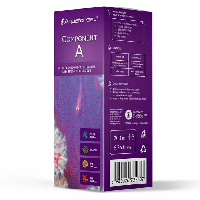 Botella de Aquaforest Component A 200 ml suplemento líquido de calcio y alcalinidad para acuarios marinos de arrecife.