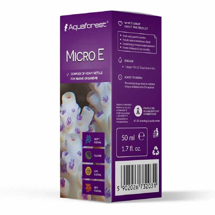 Botella de Aquaforest Micro-E suplemento líquido de micronutrientes y vitaminas para acuarios marinos de arrecife.