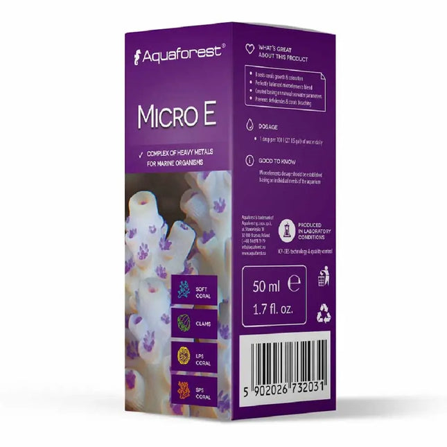 Botella de Aquaforest Micro-E suplemento líquido de micronutrientes y vitaminas para acuarios marinos de arrecife.