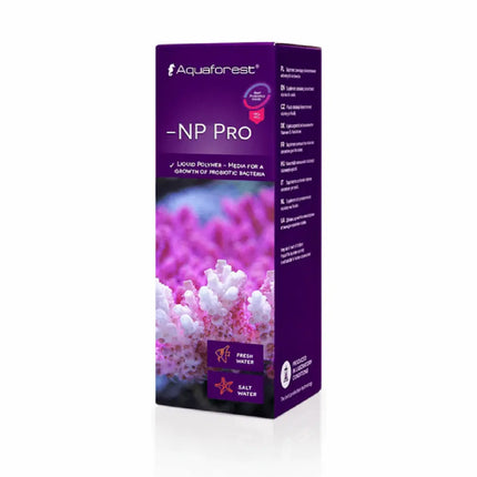 Botella de Aquaforest NP Pro – suplemento líquido para reducción biológica de nitratos y fosfatos en acuarios marinos.