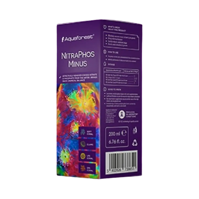 Frasco de Aquaforest NitraPhos Minus para acuarios marinos mostrando el tratamiento para reducción de nitratos y fosfatos.