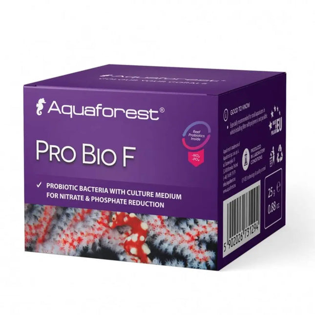 Envase de Aquaforest ProBio F en polvo con bacterias probióticas para acuarios marinos de arrecife.
