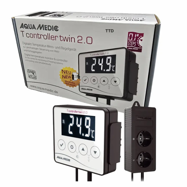 Aquamedic T‑Controller Twin 2.0 – controlador de temperatura dual para acuario marino con pantalla digital y alarmas