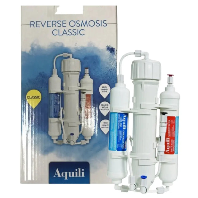 Equipo de ósmosis inversa Aquili 3 etapas con filtros de sedimentos y carbón activo montado listo para instalación en acuario o punto de llenado.