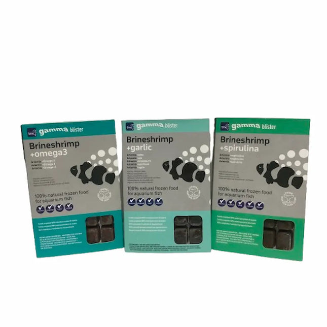 Pack de 3 blisters de Gamma Artemia Congelada: ajo, Omega 3 y spirulina, para peces tropicales


