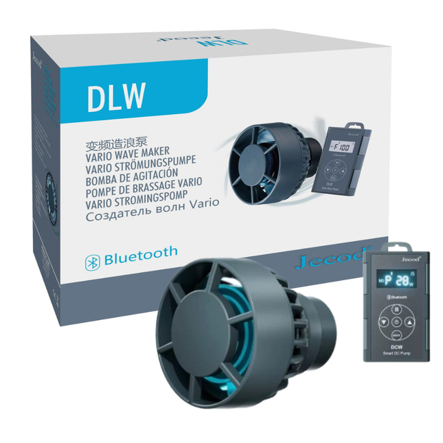 Bomba de circulación Jecod DLW con control Bluetooth, modelos DLW-5, DLW-10, DLW-20 y DLW-30 para acuarios marinos y de agua dulce.