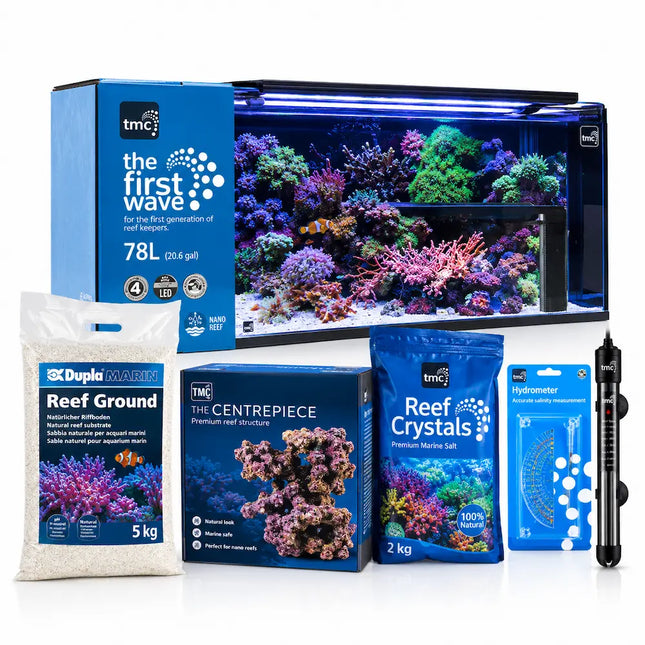 Kit acuario marino TMC First Wave 78 litros con arena, Eco Reef Rock,  sal, hidrómetro y termocalentador