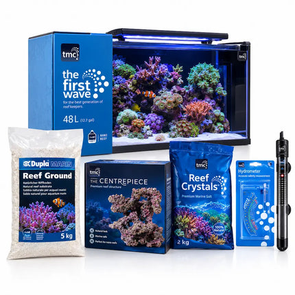 Kit acuario marino TMC First Wave 48 litros completo con arena, roca, sal, hidrómetro y termocalentador