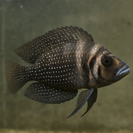 Lamprologus calvus Black mostrando cuerpo comprimido lateralmente y coloración negra profunda uniforme, adaptado perfectamente a entornos rocosos donde se refugia y establece su territorio.