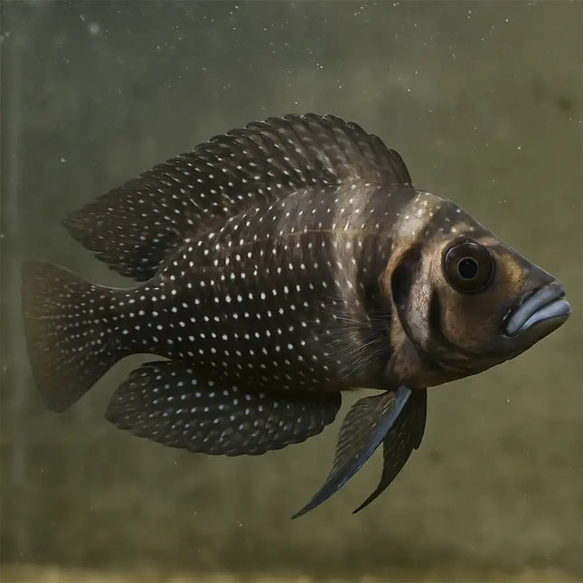 Lamprologus calvus Black mostrando cuerpo comprimido lateralmente y coloración negra profunda uniforme, adaptado perfectamente a entornos rocosos donde se refugia y establece su territorio.