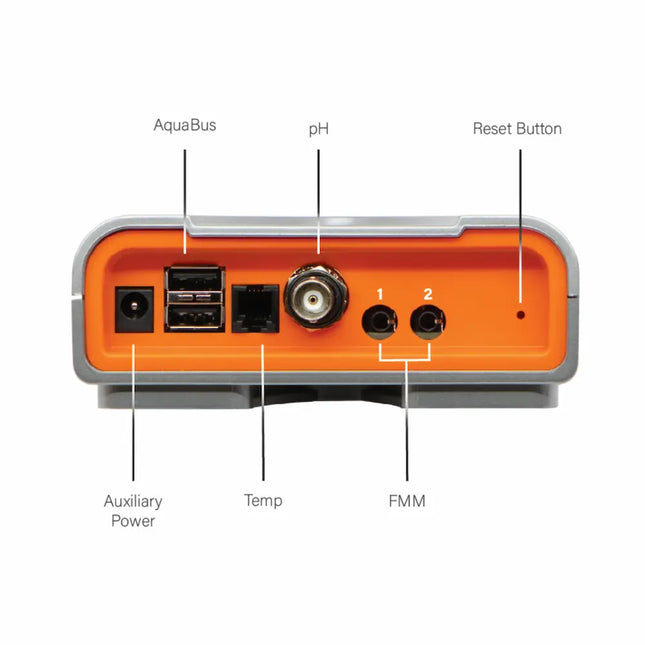 Unidad Neptune Apex Jr con sensor de temperatura, sonda pH, sensor óptico nivel y sensor de fugas. Vista conexiones