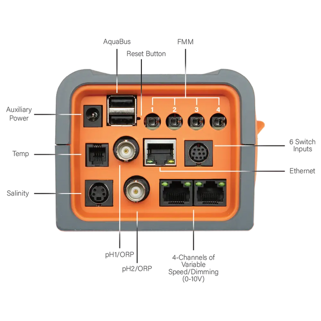 Controlador Neptune Apex Pro para acuarios marinos con sondas y sistema de automatización avanzada. Vista trasera de las conexiones.