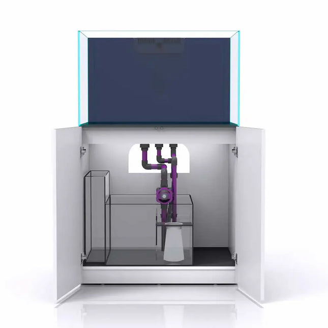 Acuario Nyos Opus G2 300 Slim Line con vidrio ultra claro, sump integrado y mueble moderno de cierre suave.