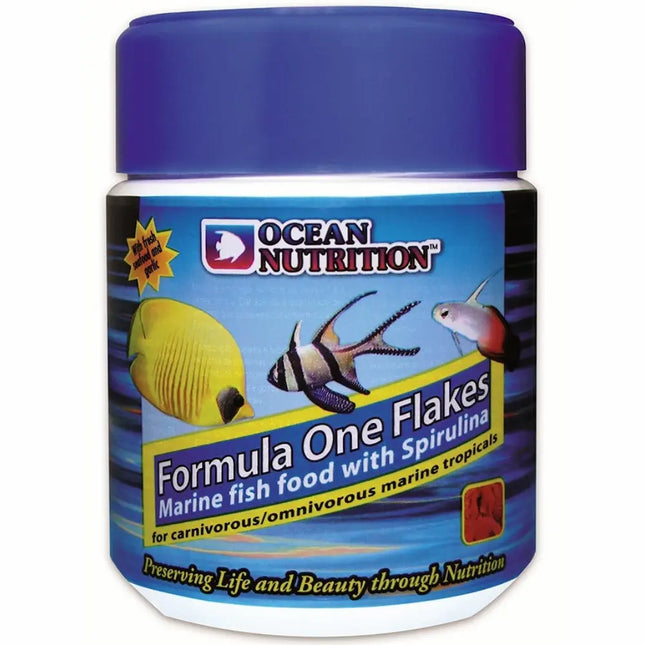 Ocean Nutrition Formula One Flakes, alimento en escamas para peces marinos con proteínas y vitaminas.