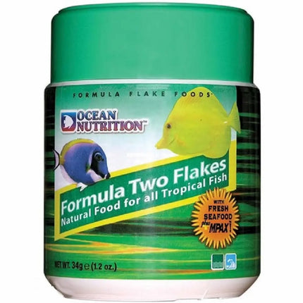 Ocean Nutrition Formula Two Flakes, alimento en escamas con algas y espirulina para peces marinos herbívoros.