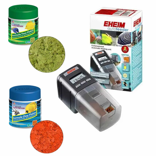 Pack alimentación acuario con EHEIM Auto Feeder y Ocean Nutrition Formula One y Two Flakes