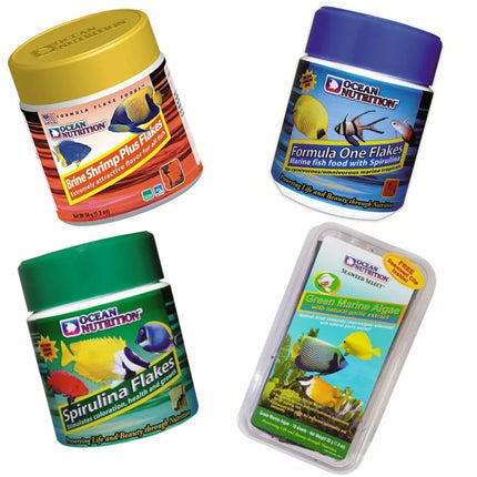 Pack de escamas Ocean Nutrition para peces marinos: Formula One, Spirulina, Brine Shrimp y Green Algae