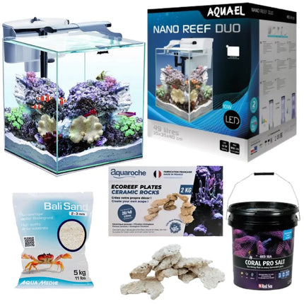 Pack Aquael Nano Reef Duo con sal, arena y roca para acuario marino
