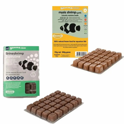 Pack Gamma Artemia y Mysis congelada de 100 g, alimento natural para peces marinos, tropicales e invertebrados en blíster con cubos individuales.