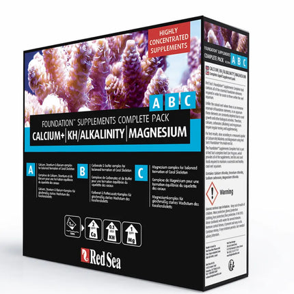 Set de Red Sea Foundation ABC+ 3x250 ml suplementos líquidos de calcio, magnesio y alcalinidad para acuarios marinos de arrecife.