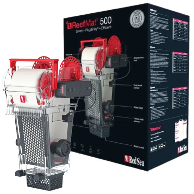 Red Sea ReefMat filtro automático de rollo para acuarios marinos, disponible en modelos Nano, 250, 500 y 1200 con control inteligente ReefBeat.