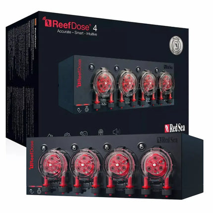 Dosificadora Red Sea ReefDose 4 con cabezales codificados por color y control inteligente a través de la app ReefBeat.