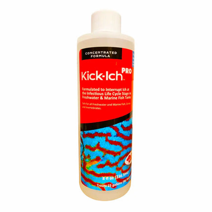 Botella de Ruby Reef Kick Ich Pro para tratamiento del punto blanco marino en peces de acuario.