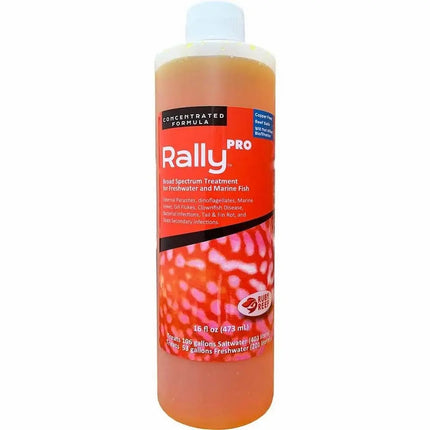 Botella de Ruby Reef Rally Pro para tratamiento de enfermedades externas en peces marinos y de agua dulce.