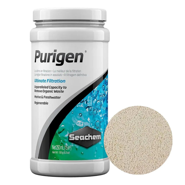 Medio filtrante Seachem Purigen mostrando granulado sintético diseñado para adsorción de materia orgánica y limpieza de agua en acuarios.
