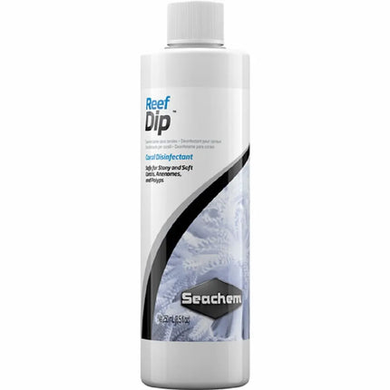 Botella de Seachem Reef Dip para baño desinfectante preventivo de corales en acuarios marinos.