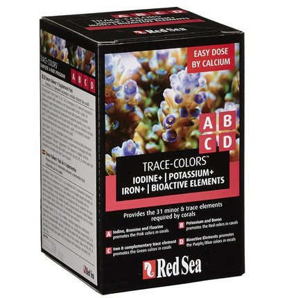 Set de Red Sea Trace Colors A+B+C+D 4x100 ml suplementos líquidos de oligoelementos para acuarios marinos de arrecife.
