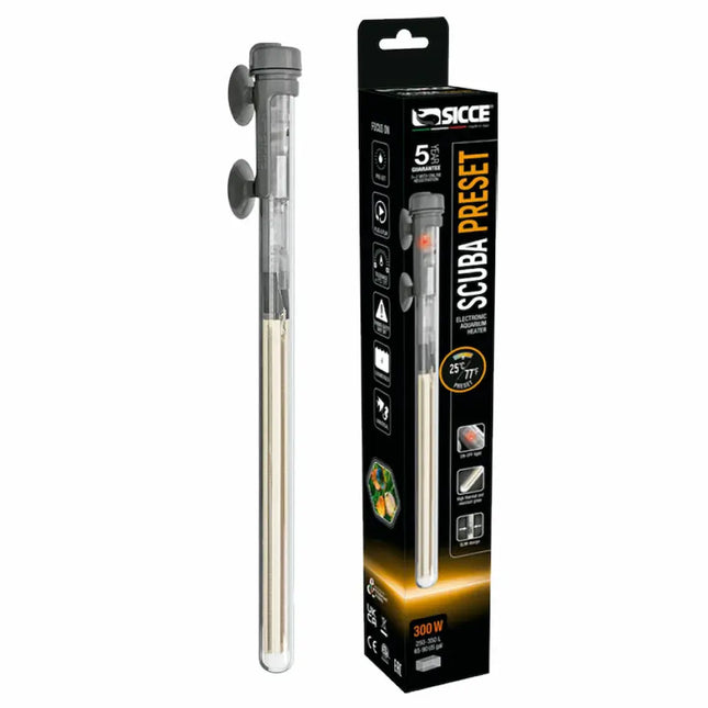 Calentador Sicce Scuba Preset con temperatura fija para acuarios.