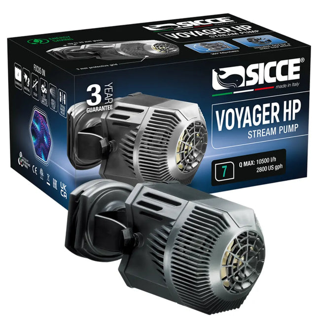 Bombas Sicce Voyager HP para acuarios marinos reef con alto caudal, soporte magnético y orientación 360 grados.