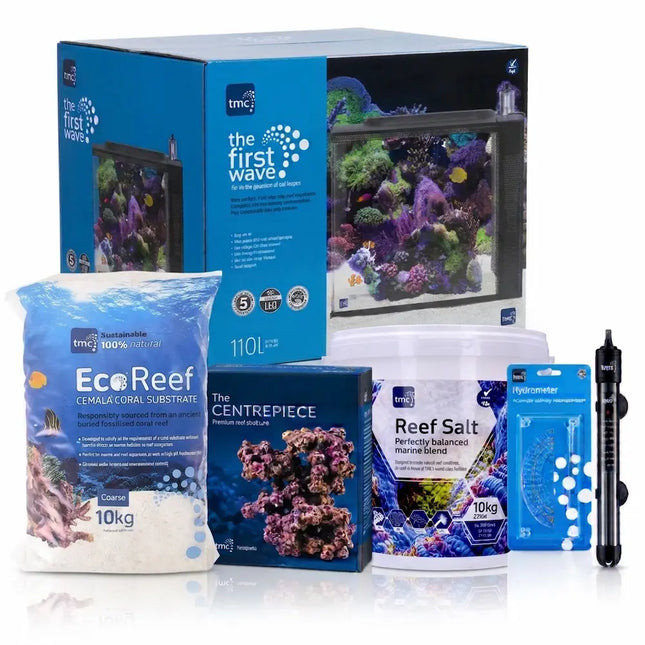 Kit acuario marino TMC First Wave 110 litros con arena, Eco Reef Rock,  sal, hidrómetro y termocalentador