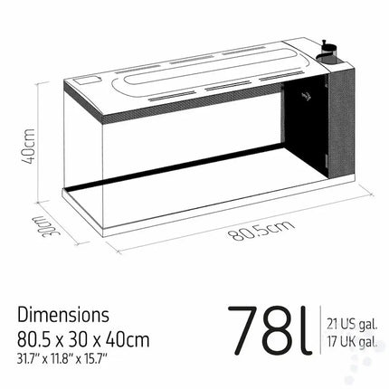 Detalla de las dimensiones del acuario TMC First Wave 78 litros con iluminación LED y filtración integrada.
