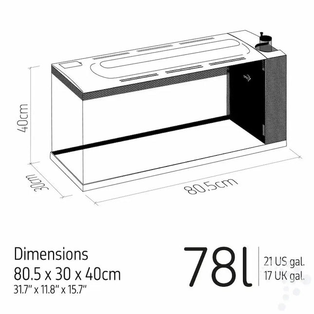 Detalla de las dimensiones del acuario TMC First Wave 78 litros con iluminación LED y filtración integrada.
